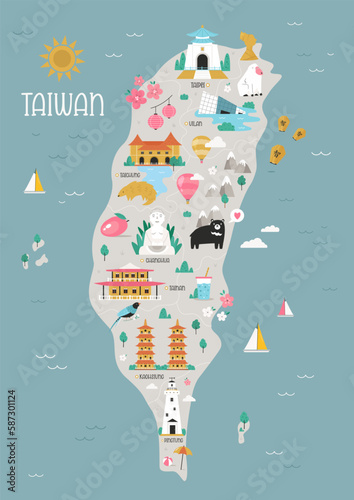 Vector illustration of Taiwan map with famius symbols, landmarks, animals. photo