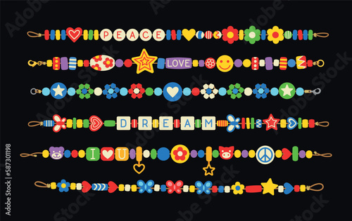 Plastic colorful braceletes set. Collection of accessories with letters, stars, emoticons and flowers, and jewelry in retro style. Cartoon flat vector illustrations isolated on black background