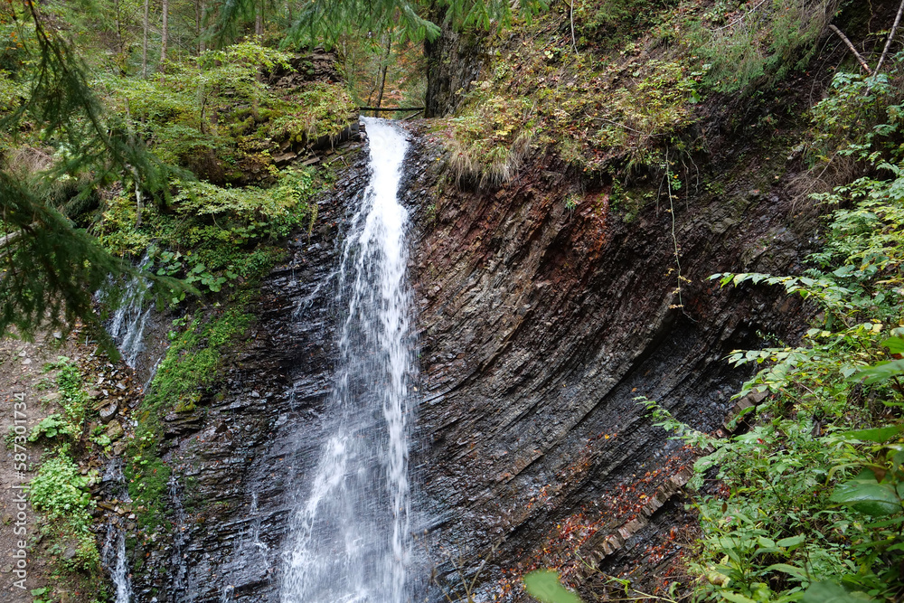 Zhenetskyi Huk waterfall in Carpathians, Gorgany mountains, western Ukraine