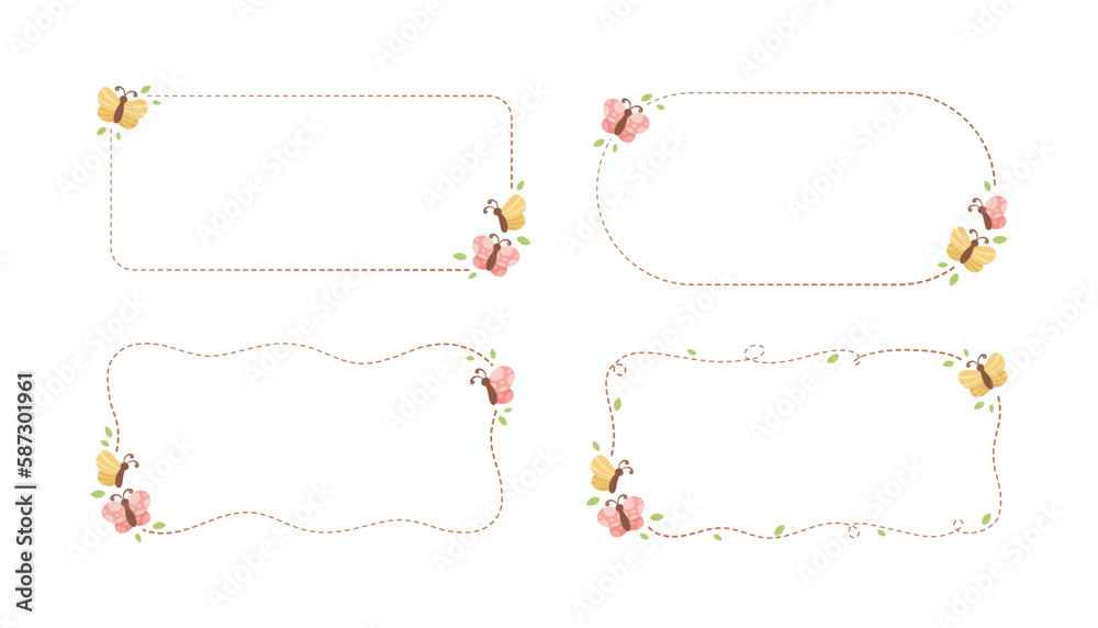 Cute Floral Butterfly Frame Set. Spring Summer Border Vector Illustration. Cute Floral Butterfly Frame Set. Spring Summer Border Vector Illustration.