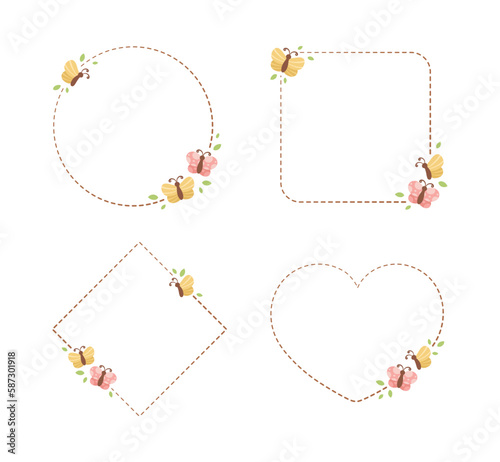 Cute Floral Butterfly Frame Set. Spring Summer Border Vector Illustration.