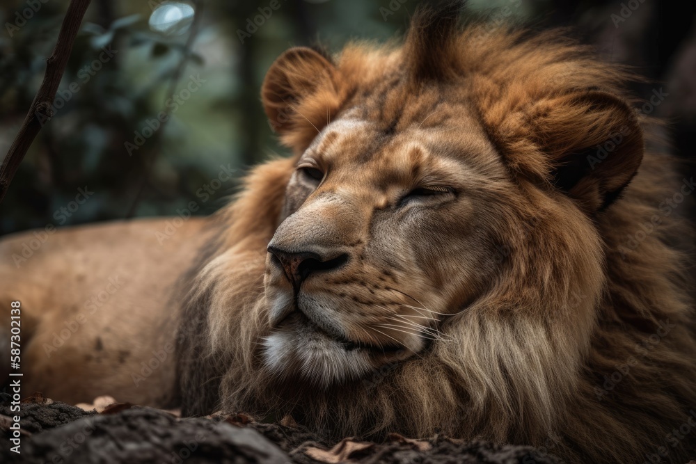 adorably sleeping lion in a zoo. Generative AI