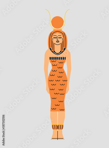 Egyptian queen Cleopatra concept. Young beautiful woman in orange dress with sun on her head. Ancient Egyptian mythology and history. Culture and traditions. Cartoon flat vector illustration