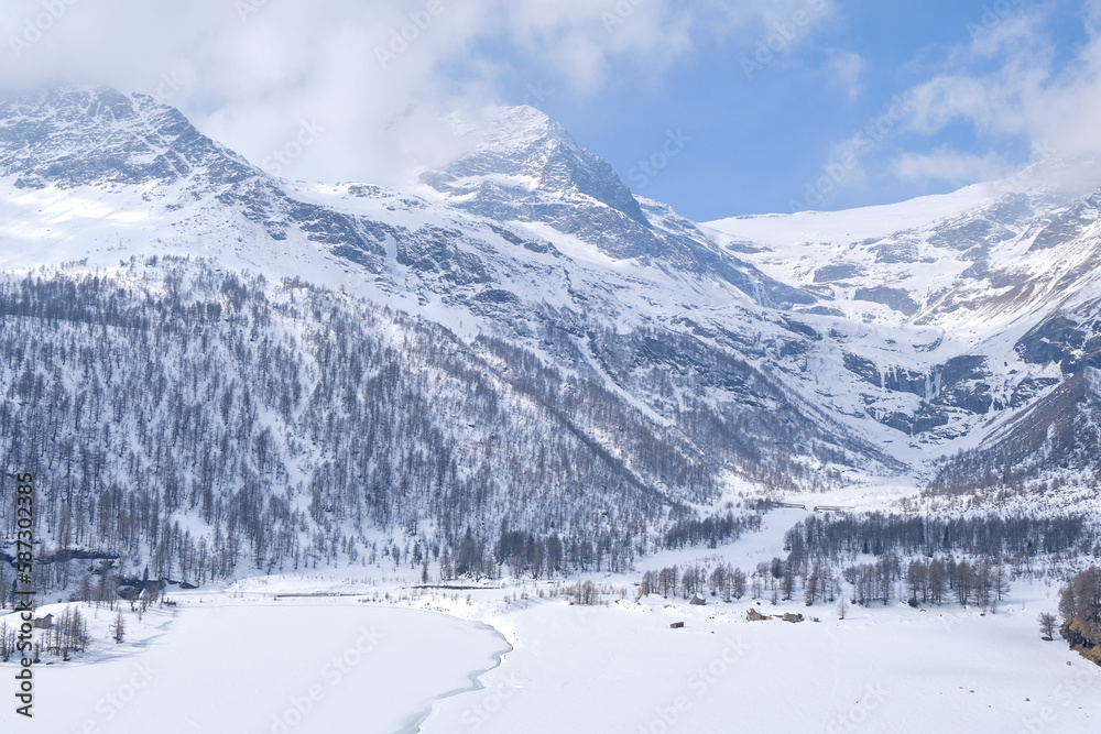 Canton Graubunden, Switzerland : Landscape in Alp Grum train station (Bernina express) during winter season