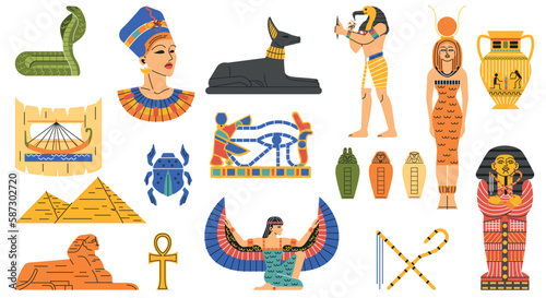 Ancient Egypt collection. Set of traditional ceramic figurines. Paleontology and archeology. Pyramid, Pharaoh, Sphinx, Cleopatra and Nefertiti. Cartoon flat vector illustrations isolated on white