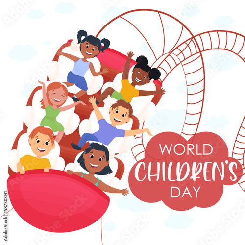 Happy Children's Day. Illustrations of happy kids riding amusement rides, poster for World Children's Day celebration3 photo