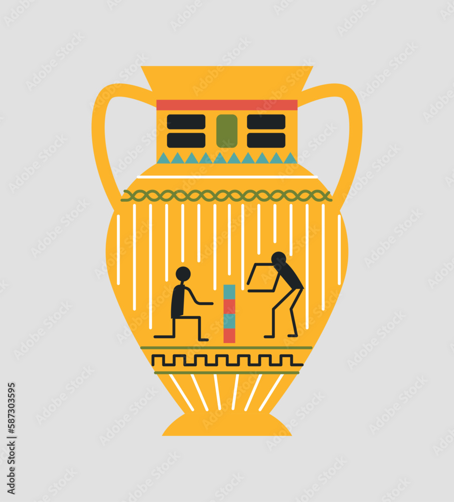 Egyptian vase concept. Archeology and paleontology. Artifact or fossil with traditional African patterns. Clay ancient golden crockery or amphora. Cartoon flat vector illustration
