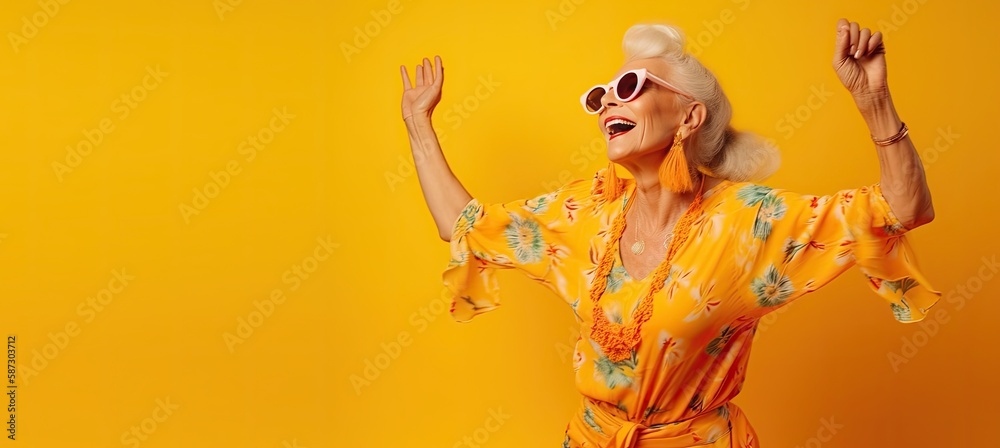 Happy Mature Lady in Bright Summer Clothes Dances Against a Yellow background with Space for Copy (Generative AI) Happy Mature Lady in Bright Summer Clothes Dances Against a Yellow background with Space for Copy (Generative AI)