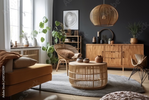 Ethnic living room with brown chairs, colorful baskets, rattan sideboard, and attractive personal decorations. Grey concrete. Cozy flat. Furnishings. Generative AI