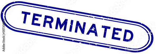 Grunge blue terminated word rubber seal stamp on white background