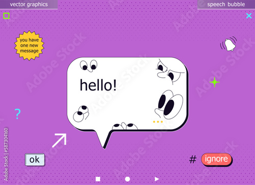 Creative speech bubble. Symbolizes various communication problems in social networks and the Internet. Cartoon message frame with watching eyes around.