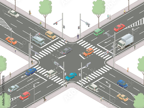 アイソメトリック図法で描いた自動車と歩行者が行き交う日本の信号交差点イメージF / Isometric illustration : Japanese intersection