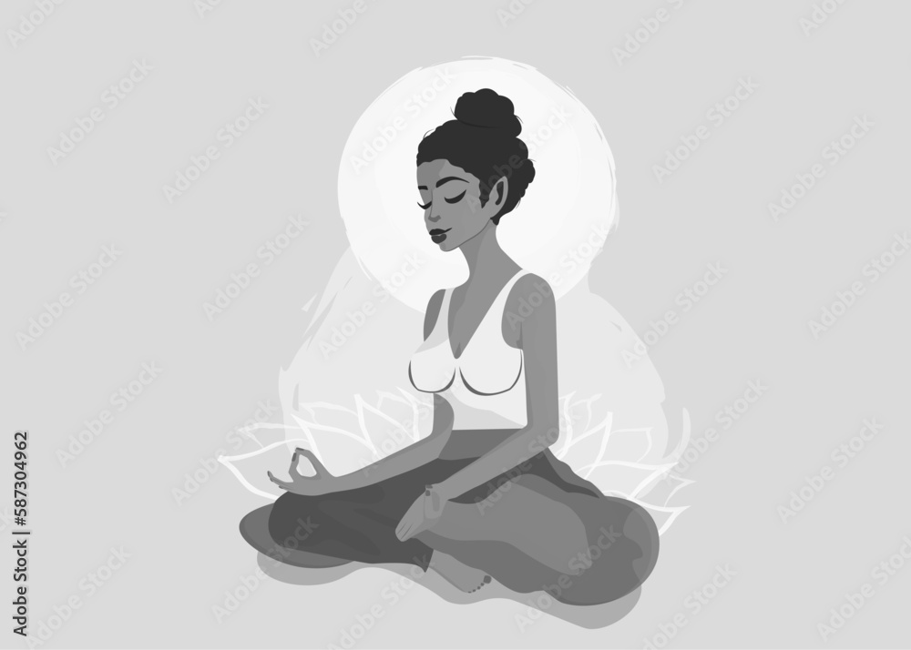 Girl in lotus position, against the background of the white moon and lotus in black and white Girl in lotus position, against the background of the white moon and lotus in black and white