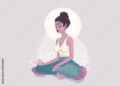 Girl in lotus position, against the background of the white moon and lotus