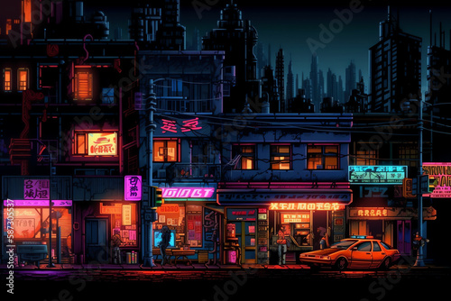 A neon-lit city street 16bit adventure game. digital art illustration. generative AI