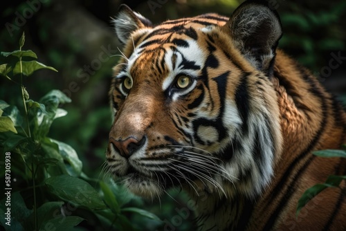 Close up of a magnificent tiger on a green leafy background. Generative AI