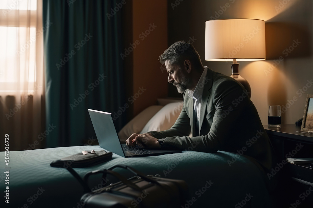 Travelling business man using laptop in hotel room. Generative ai Travelling business man using laptop in hotel room. Generative ai