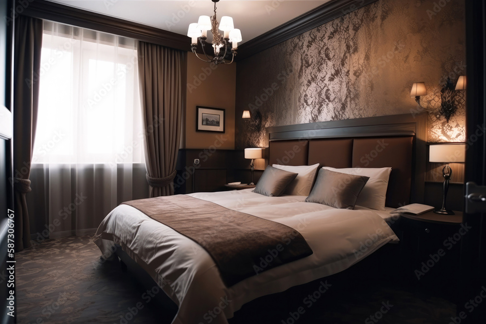 Cozy bedroom in a hotel room. Bright photo. Generative ai