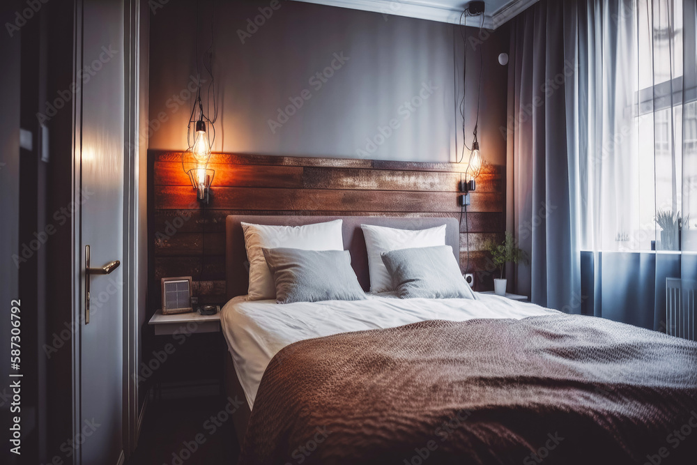 Cozy bedroom in a hotel room. Bright photo. Generative ai