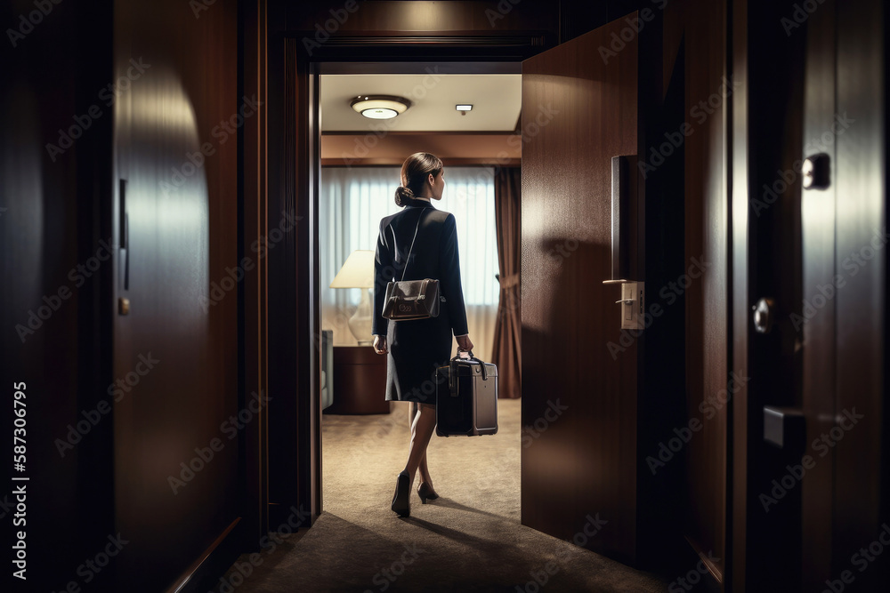 Businesswoman entering in hotel room. Generative ai