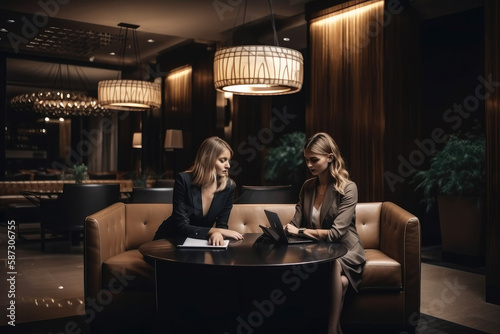 Two businesswomen Working Indoors hotel lobby. Generative ai © VisualProduction