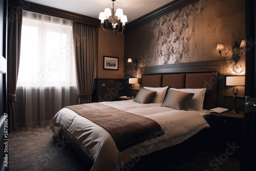 Cozy bedroom in a hotel room. Bright photo. Generative ai © VisualProduction