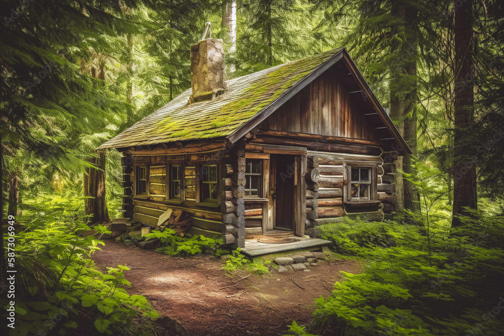 typical log cabin in the woods. Generative ai
