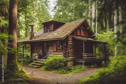typical log cabin in the woods. Generative ai