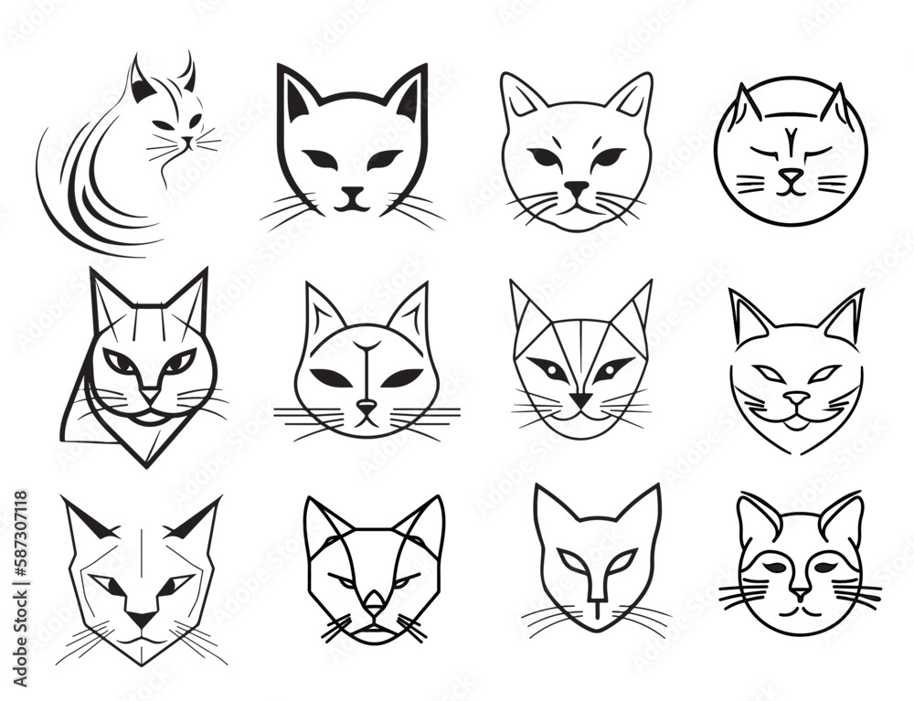 Set of cat emblems sketch hand drawn logo illustration