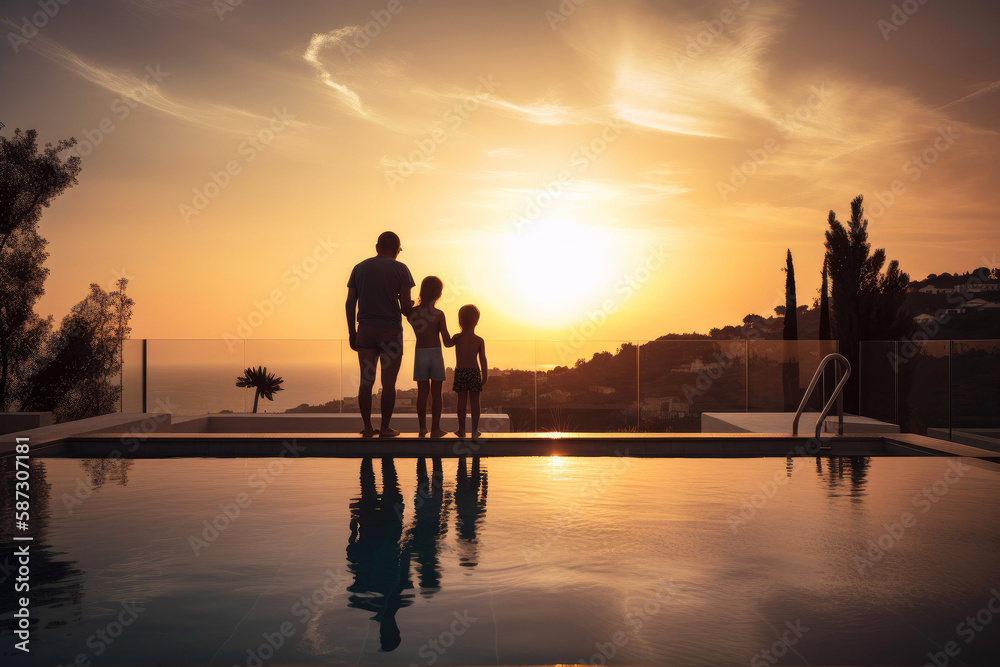 A family on summer holidays stands by the swimming pool and enjoys the sunset. Generative ai