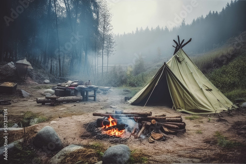 Tourist camp with fire, tent and firewood . Generative ai