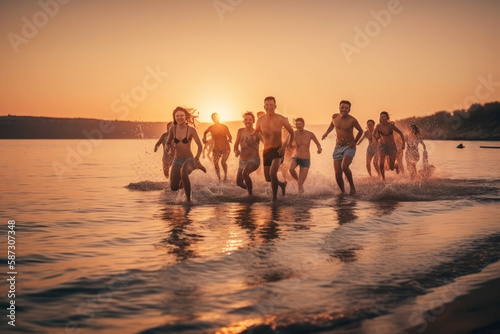 Big group of young friends or big family are having fun and run at sunset beach. Generative ai