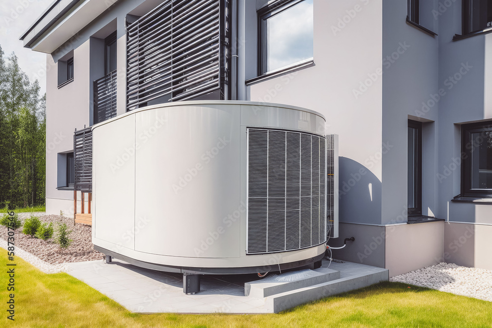 Fototapeta premium modern electric heat pump on the lawn of modern house. Generative ai