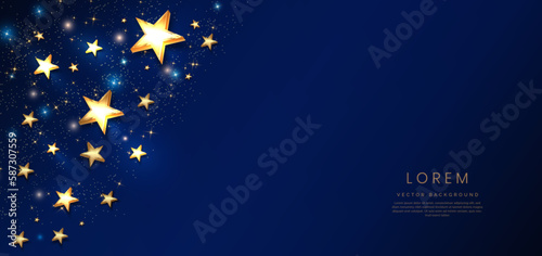 Abstract luxury golden stars on dark blue background with lighting effect and spakle.