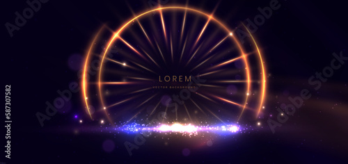Abstract circle glowing gold lines on dark blue background with lighting effect and sparkle with copy space for text.