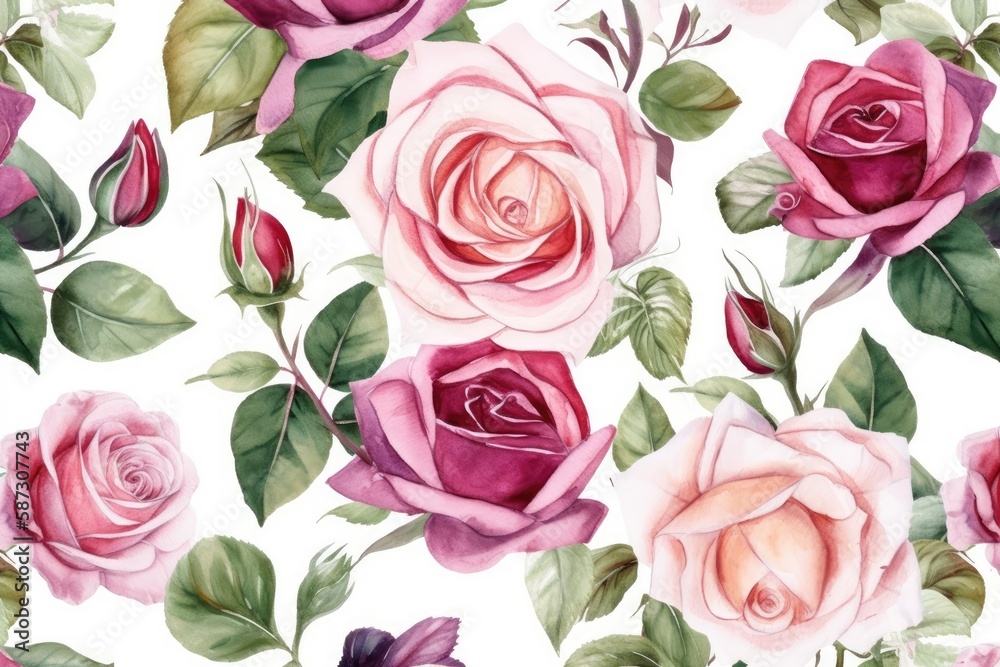 bouquet of pink roses with green leaves on a white background. Generative AI