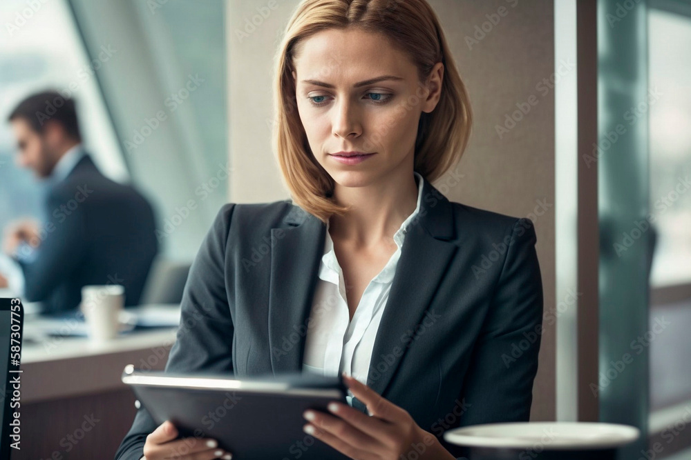 Confident businesswoman holding digital tablet, sitting at her working place in office Confident businesswoman holding digital tablet, sitting at her working place in office