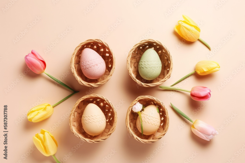 Obraz premium Easter celebration concept. Top view photo of colorful easter eggs. Generative ai