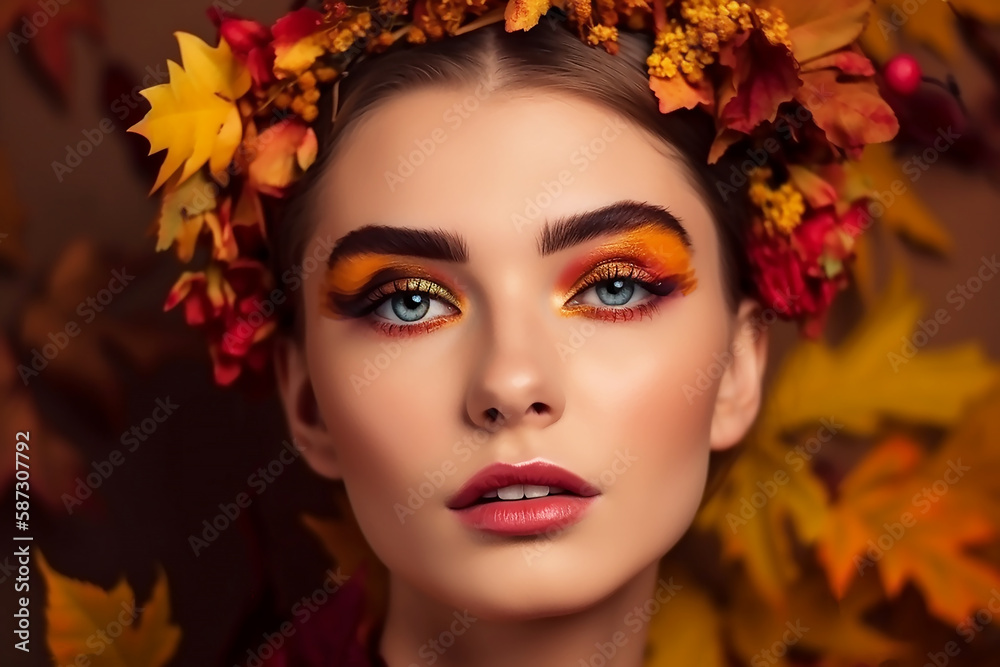 Autumn style model girl portrait with autumnal leaves . Colorful eyeshadows, generative AI tools Autumn style model girl portrait with autumnal leaves . Colorful eyeshadows, generative AI tools