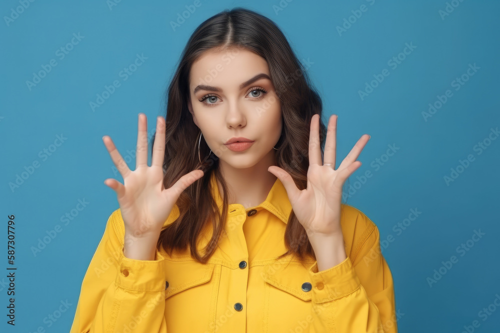 Photo of pretty cute lovely lady wear blue clothes showing two hands gesture. Generative ai Photo of pretty cute lovely lady wear blue clothes showing two hands gesture. Generative ai