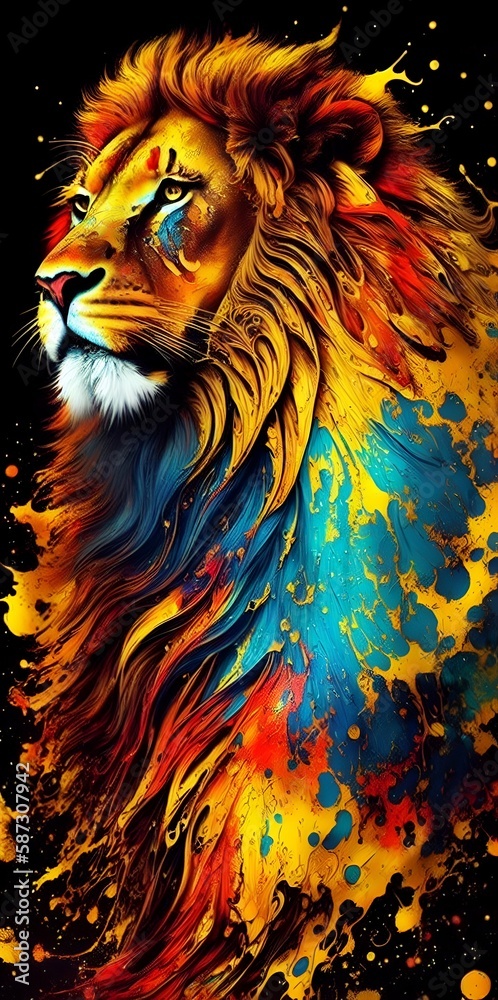 beautiful lion portrait with an art color splash on black bacground, the head of a lion, portrait painting, generative AI