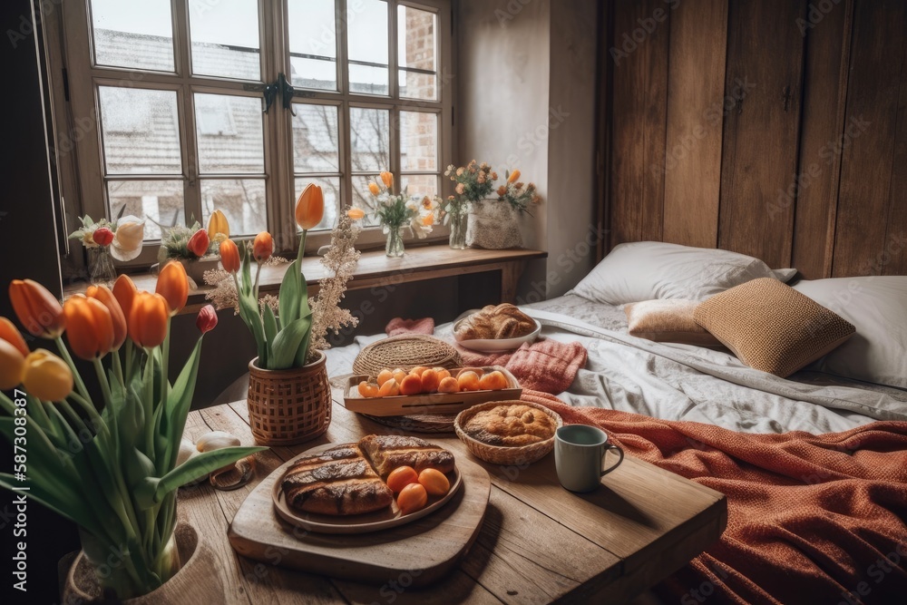 Breakfast plate with tulips on bed. Comfortable boho apartment with hygge bedroom, wooden bench seat, bamboo dressing screen, home décor, and dry plants in vase. Generative AI