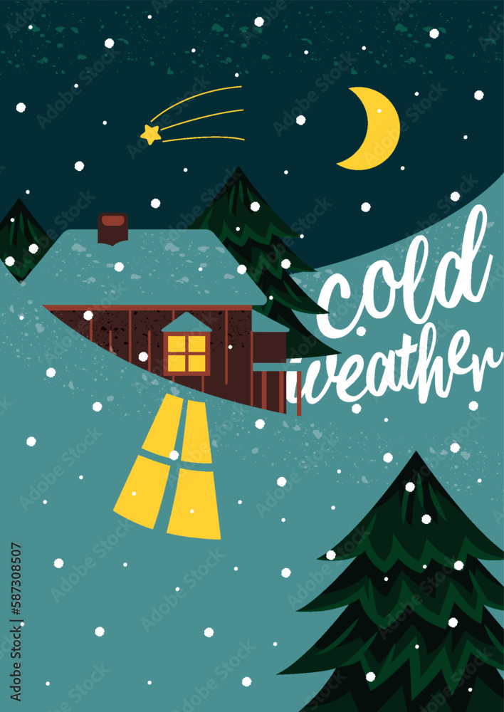 Cold weather poster. House among snowdrifts and hills under snow. Design element for greeting card for New Year and Christmas. Happy winter holidays. Cartoon flat vector illustration