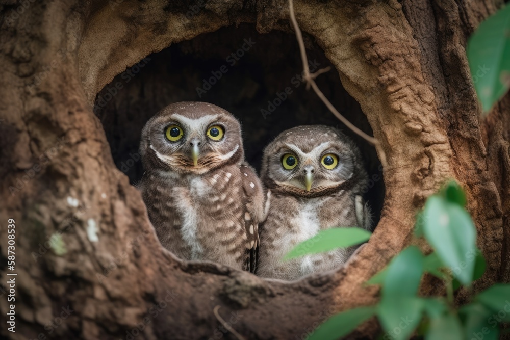 In a tiny hollow, two spotted owlets were scrambling to show their faces to the outside world. Generative AI In a tiny hollow, two spotted owlets were scrambling to show their faces to the outside world. Generative AI