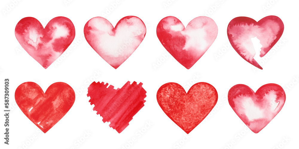 Set of red, textural, watercolor, isolated on white background, festive hearts. Drawn by hand on paper. For decoration, romantic events, valentines and as a design element.