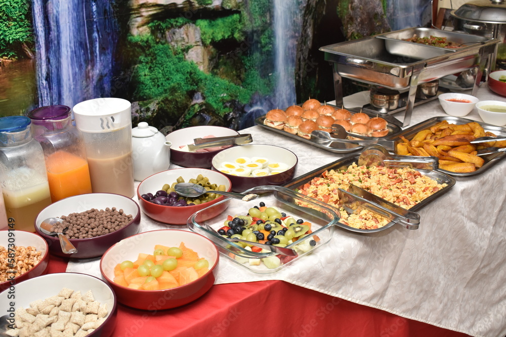 Buffet breakfast bread, egg, rice, coffee, yogurt, milk, cereals, meat, chicken Buffet breakfast bread, egg, rice, coffee, yogurt, milk, cereals, meat, chicken