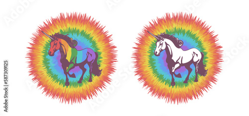 Vector stickers, rainbow unicorn. Magic fabulous white horse with a horn. Mythical artiodactyl animal.