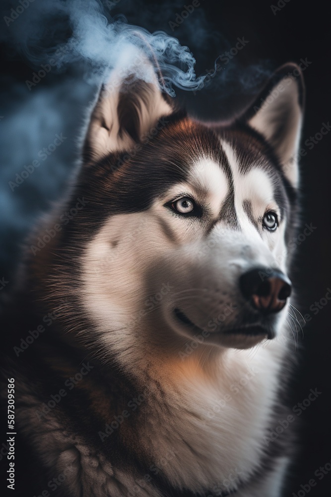 Portrait of a siberian husky dog in smoke.Generative Ai Portrait of a siberian husky dog in smoke.Generative Ai