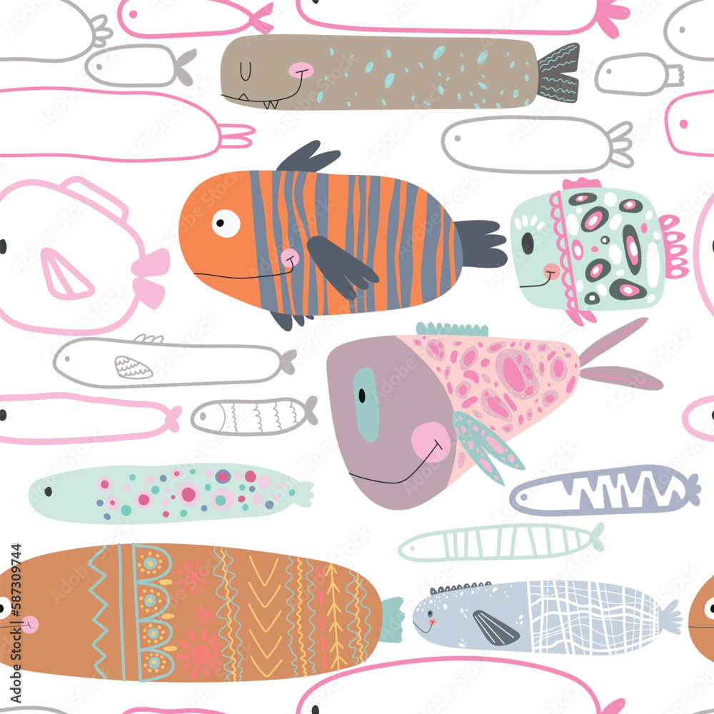 Naklejka premium Seamless children's pattern with funny fish. Creative Scandinavian children's texture for fabric, packaging, textile, wallpaper, clothing. Vector background illustration