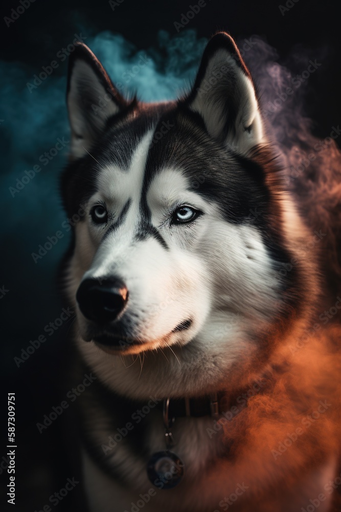 Portrait of a siberian husky dog in smoke.Generative Ai